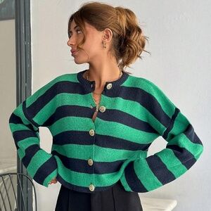 Wool blend bold striped cropped cardigan M retro preppy nautical academia NEW